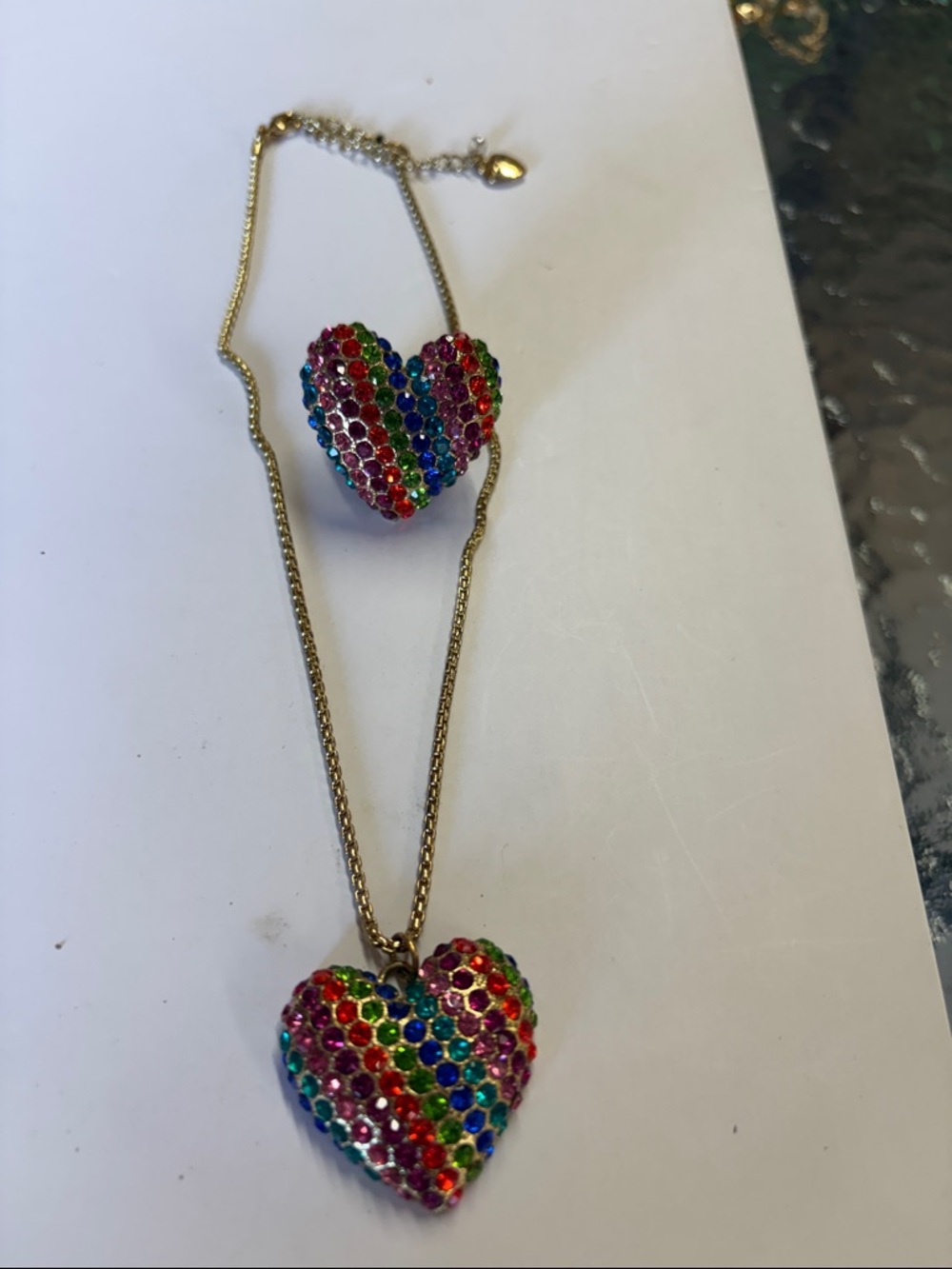Betsey Johnson Multicolor Rhinestone Heart Necklace and Ring Set